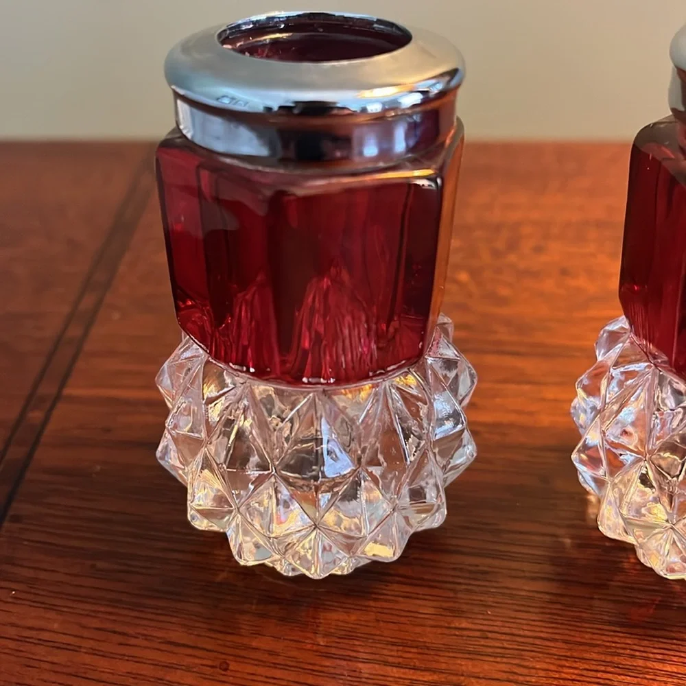 Set of 3 Vintage Ruby Red 3” Painted Crystal Glass Taper Candle Stick Holders